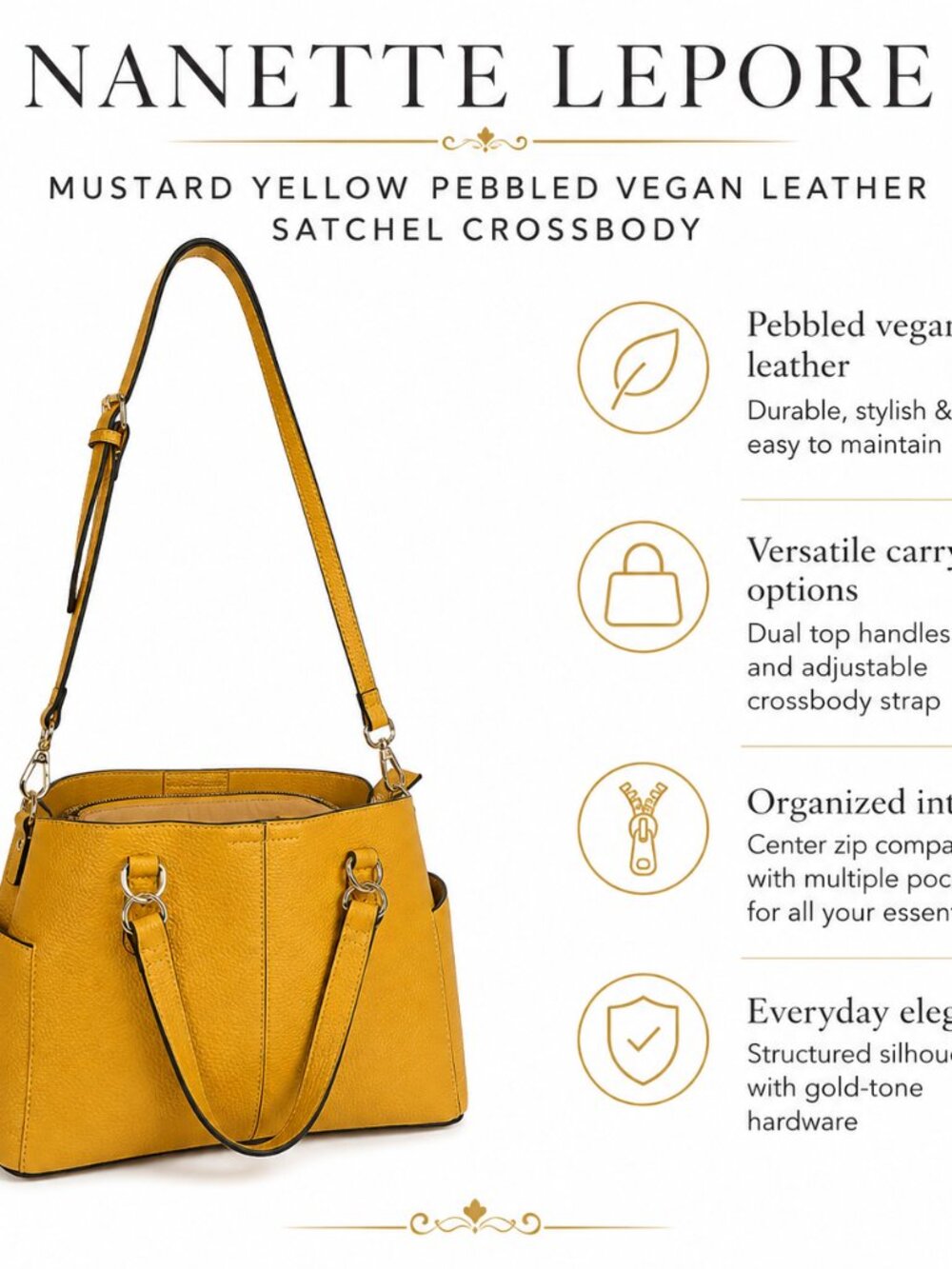 Nanette Lepore Yellow Pebbled Faux Leather Satchel Crossbody Purse Bag